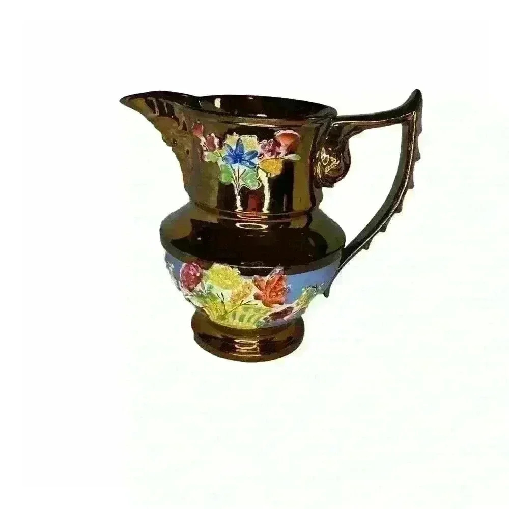English Copper Antique Lustre Jug with Mask Spout Dolphin Handle & Flowe…